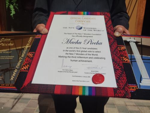 Machu Picchu New 7 Wonders of the World Certificate