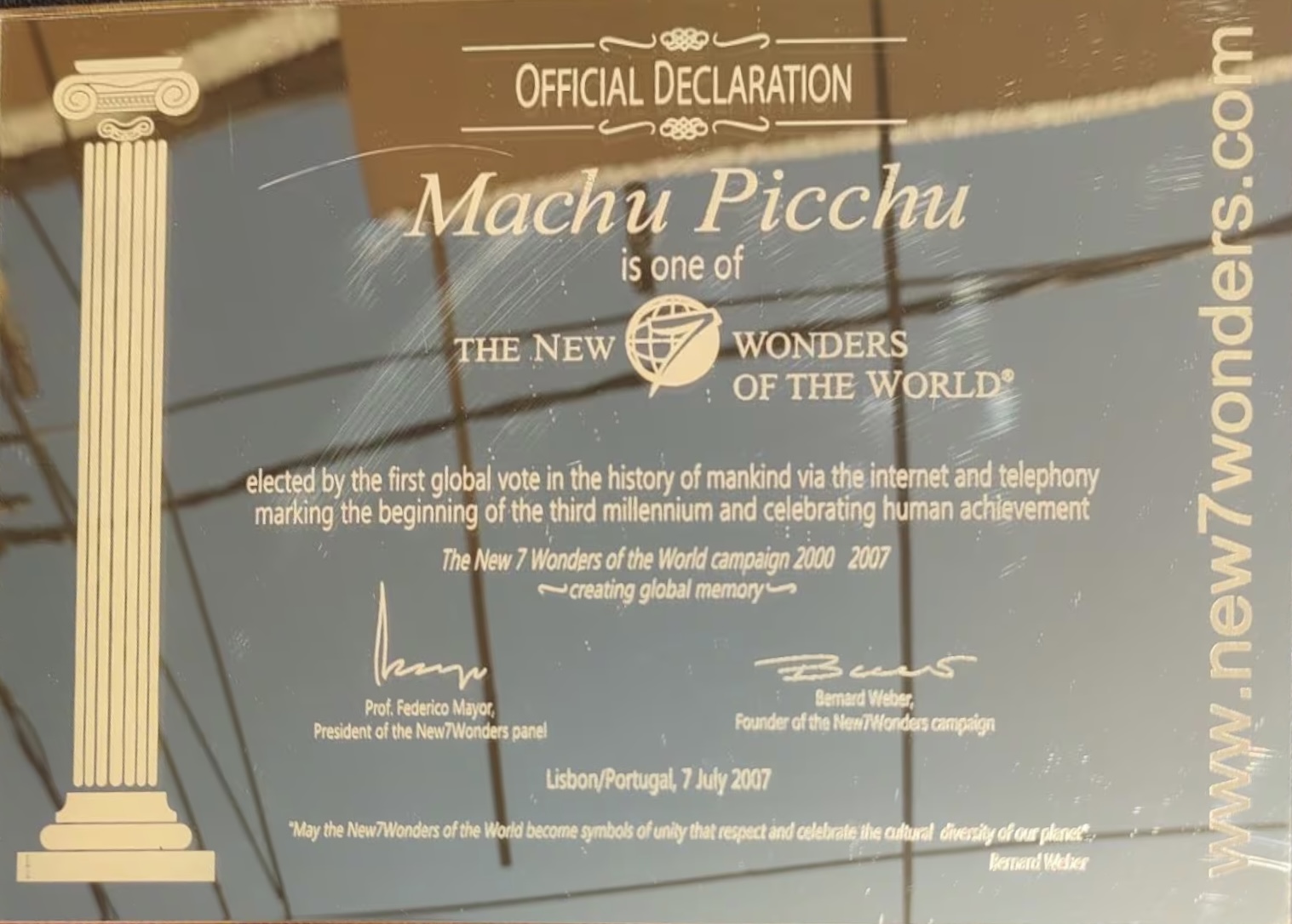 Machu Picchu New 7 Wonders of the World Gold Plaque