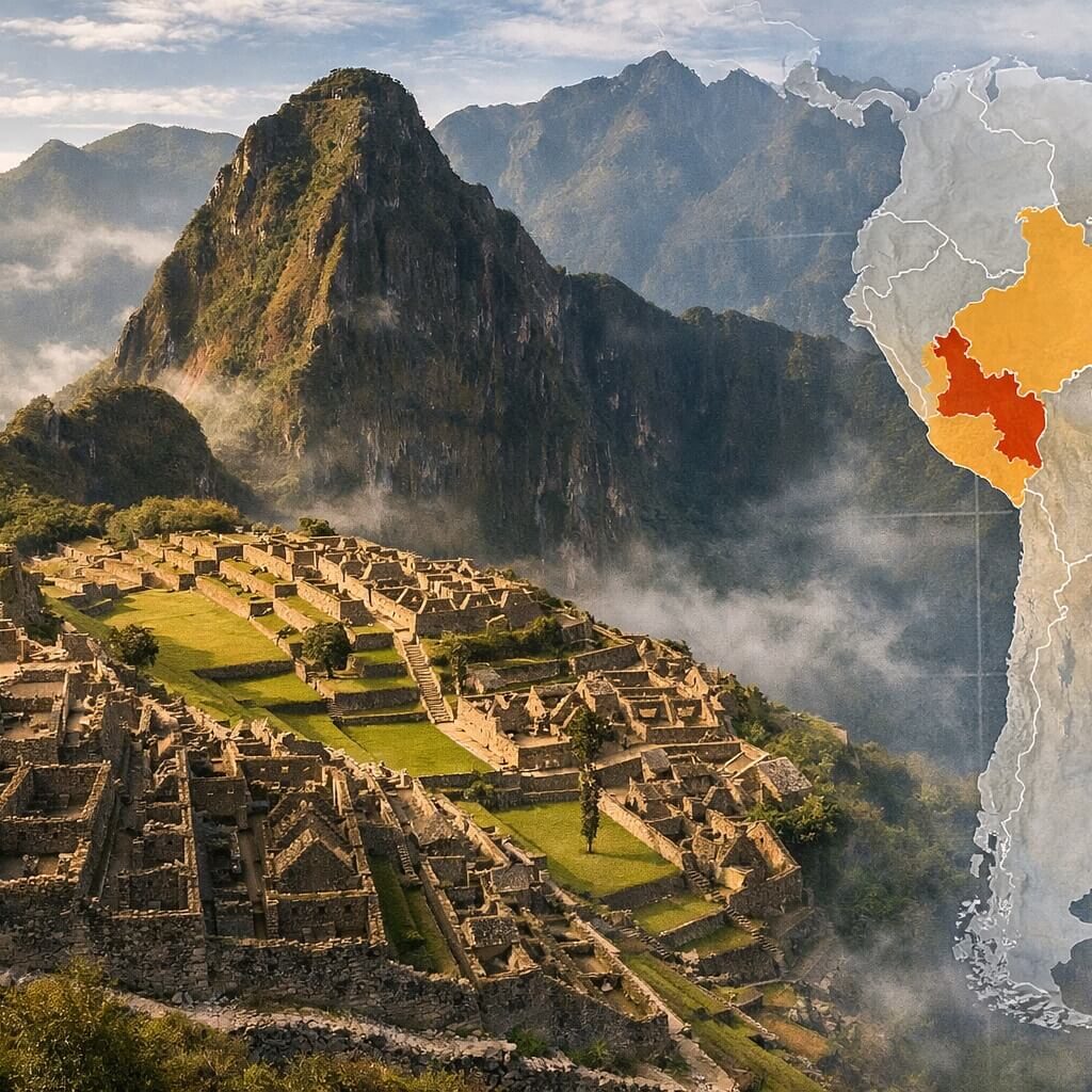 Machu Picchu location in Peru showing the Inca citadel near Cusco in the Andes Mountains